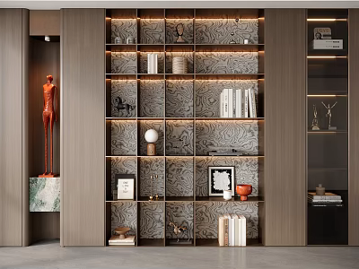 Modern Elegant Bookshelf With Layered Shelves Books Decorative Items And Patterned Background 3d model