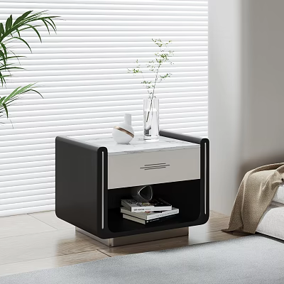 Modern Bedside Table with Marble Top Vase Plant Books Mug in Bright Room with Window 3d model