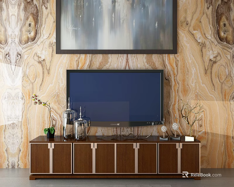 Wooden TV Stand With Metal Accents On Marble Texture Wall With Painting And Decorative Items 3d model 