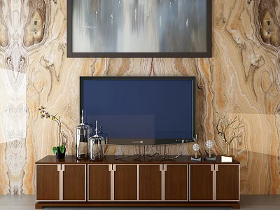 Wooden TV Stand With Metal Accents On Marble Texture Wall With Painting And Decorative Items 3d model