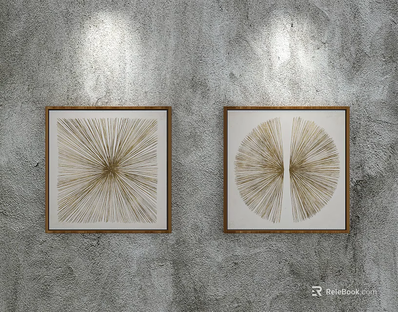 Two Decorative Wall Artworks With Brown Frames On Grey Concrete Wall Radiating Symmetric Line Patterns 3d model