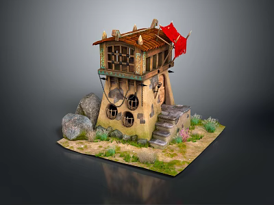 Cartoon Style Watchtower With Red Flag Wooden Roof Stones Staircase And Grass 3d model