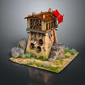 Cartoon Style Watchtower With Red Flag Wooden Roof Stones Staircase And Grass