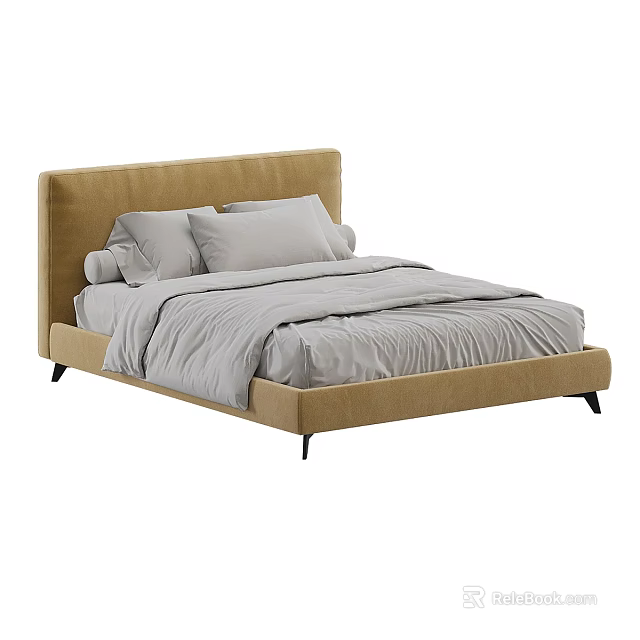 Modern Upholstered Double Bed with Beige Headboard and Grey Bedding 3d model