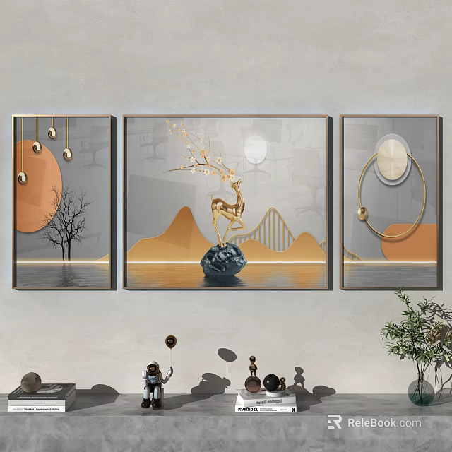 Three Panel Modern Wall Art With Golden Deer Moon And Geometric Elements 3d model