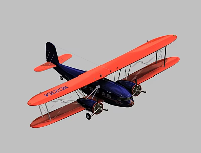 Classic Vintage Airliner With Blue Body Orange Wings NC241M Biplane Design 3d model
