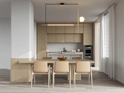 Modern Restaurant Interior With Wooden Dining Tables Chairs And Pendant Lighting Fixtures 3d model