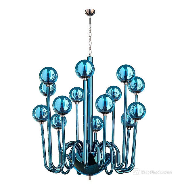 Modern Blue Chandelier With Multiple Spherical Bulbs And Metallic Frame Design Structure 3d model 