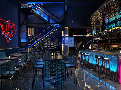 Modern Bar Interior With Neon Lights Staircase Bar Counter High Stools And Blue Lighting 3d model