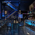Modern Bar Interior With Neon Lights Staircase Bar Counter High Stools And Blue Lighting
