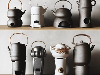 Traditional Modern Ceramic Tea Sets With Various Unique Teapots And Stands In Black White 3d model