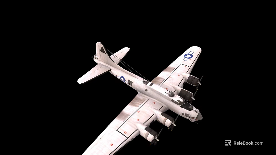 White Fighter Jet with Four Propellers and Wing Emblems Against Black Background 3d model