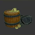 Rustic Wooden Barrel With Gold Coins Blue Gemstones And Scattered Coins