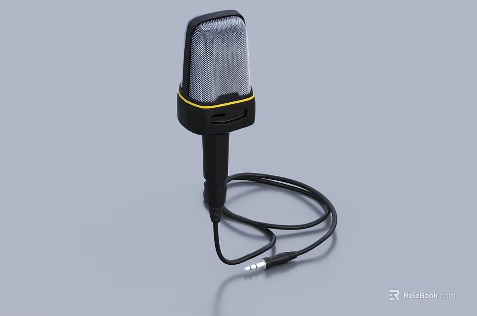 Professional Black Microphone With Silver Mesh Grille Yellow Accents And Audio Cable 3d model 