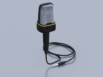 Professional Black Microphone With Silver Mesh Grille Yellow Accents And Audio Cable 3d model