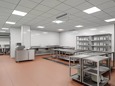 Commercial Kitchen Interior With Stainless Steel Worktables Storage Racks And Bright Ceiling Lights 3d model