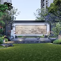 Tranquil Garden Landscape With Lush Trees Stone Decorations Pedestrian Walkways And People Relaxing