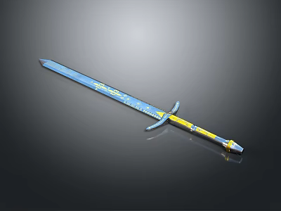 Blue And Yellow Decorative Sword With Intricate Patterns On Blade And Handle 3d model