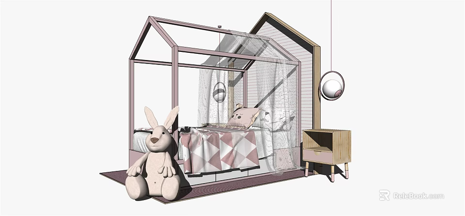 House Shaped Kids Bed With Canopy Curtains Rabbit Stuffed Toys And Diamond Patterned Quilt 3d model 