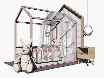 House Shaped Kids Bed With Canopy Curtains Rabbit Stuffed Toys And Diamond Patterned Quilt 3d model