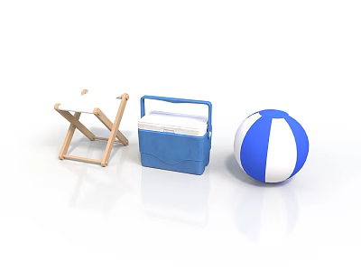 Essential Outdoor Living Supplies Including Wooden Folding Chair Blue Picnic Basket And Beach Ball 3d model