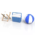 Essential Outdoor Living Supplies Including Wooden Folding Chair Blue Picnic Basket And Beach Ball