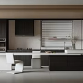 Modern Restaurant Kitchen Interior with Dark Wood Cabinets White Island and Stainless Steel Appliances