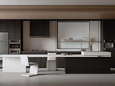 Modern Restaurant Kitchen Interior with Dark Wood Cabinets White Island and Stainless Steel Appliances 3d model