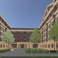 Red Brick School Buildings With Football Field Running Track And Trees In Clear Blue Sky