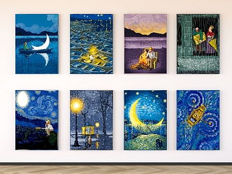 Modern Oil Painting Simple Hanging Painting Combination Van Gogh Oil Painting Starry Sky 3d model