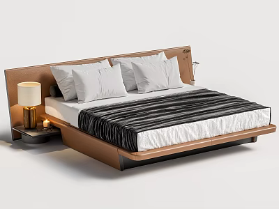 Modern Double Bed With Wooden Headboard Black White Striped Bedspread And White Pillows 3d model