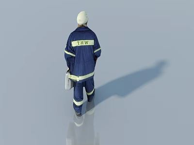 Man in THW uniform wearing white helmet carrying toolbox walking on gray surface 3d model