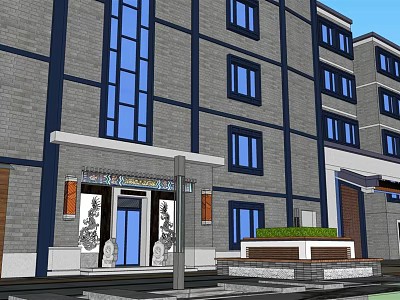 Traditional Modern Commercial Street With Gray Brick Walls Blue Glass Windows And Decorative Entrance Porch 3d model