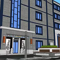 Traditional Modern Commercial Street With Gray Brick Walls Blue Glass Windows And Decorative Entrance Porch