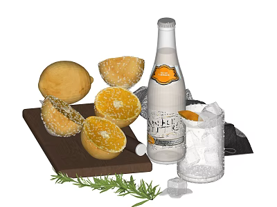 Wine Bottle and Glass with Fresh Lemons Ice Cubes and Rosemary on Wooden Board 3d model
