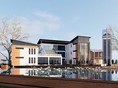 Modern Office Building Architecture Exterior With Glass Curtain Wall Wooden Elements Water Pool And Tower 3d model