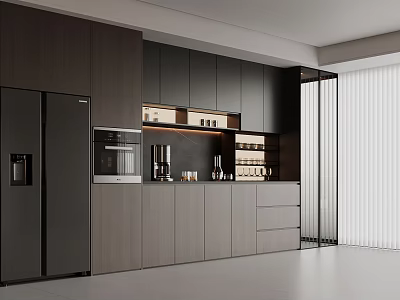 Modern Kitchen Interior Design Featuring Wine Cabinet With Dark Cabinets And Shelves 3d model