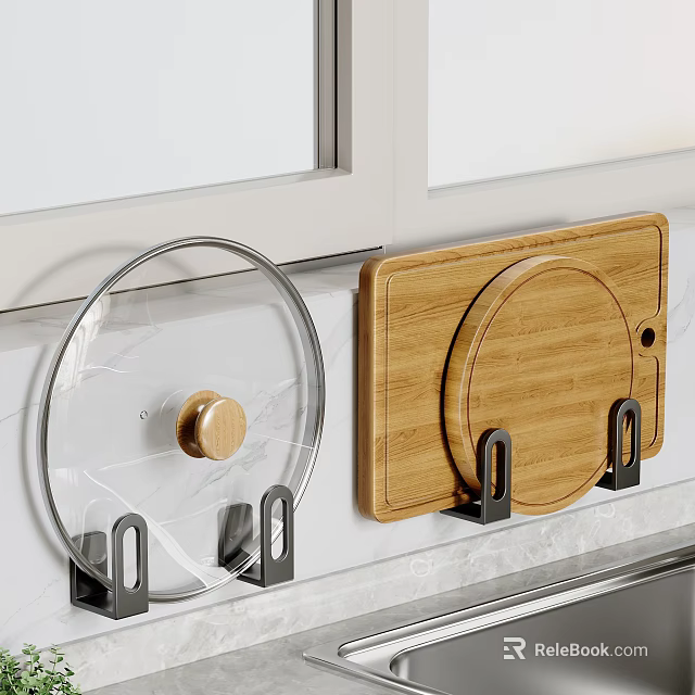 Transparent Pot Lid And Wooden Cutting Board Hanging On Black Hooks For Kitchen Wall 3d model 