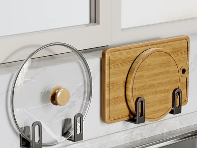 Transparent Pot Lid And Wooden Cutting Board Hanging On Black Hooks For Kitchen Wall 3d model