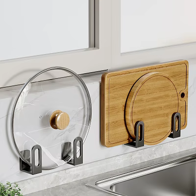 Transparent Pot Lid And Wooden Cutting Board Hanging On Black Hooks For Kitchen Wall 3d model