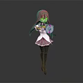 Anime Character with Long Hair Wearing White Purple Dress Holding Round Object Gray Background