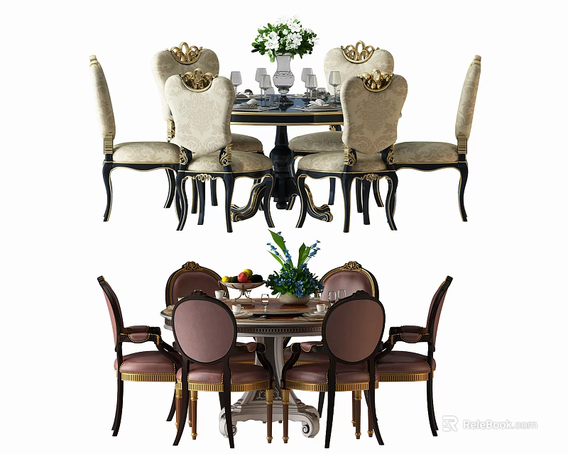 Elegant Dining Table Set With Carved Back Chairs And Decorative Tabletop 3d model