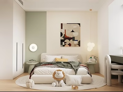 Cozy Kids Room Interior With White Bed Lion Plush Toy And Geometric Wall Art 3d model