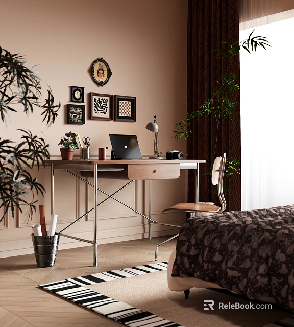 Cozy Home Office Setup With Wooden Desk Laptop Table Lamp Framed Pictures And Plants 3d model 