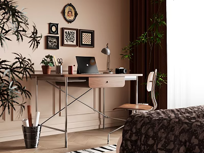 Cozy Home Office Setup With Wooden Desk Laptop Table Lamp Framed Pictures And Plants 3d model