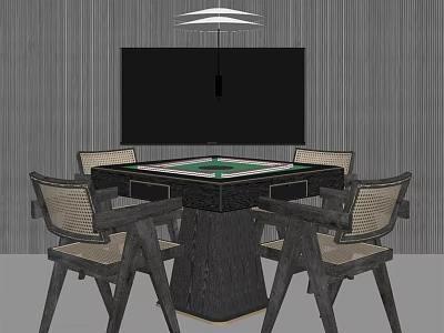Green Top Entertainment Table With Four Chairs TV Screen And Gray Striped Wall Paneling 3d model