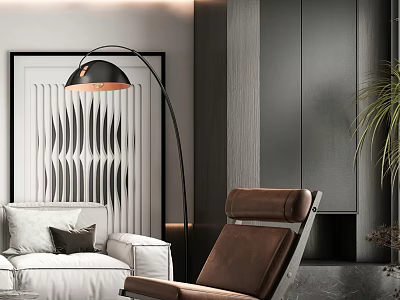 Brown Leather Lounge Chair In Modern Interior With White Sofa Floor Lamp And Wall Art 3d model