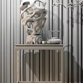 Elegant Decorative Ornament Set With Wooden Sculpture And Bronze Teapot On Stand