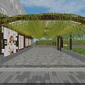 Scenic School Building Corridor With Vine Covered Pergola Columns And Stone Pavement