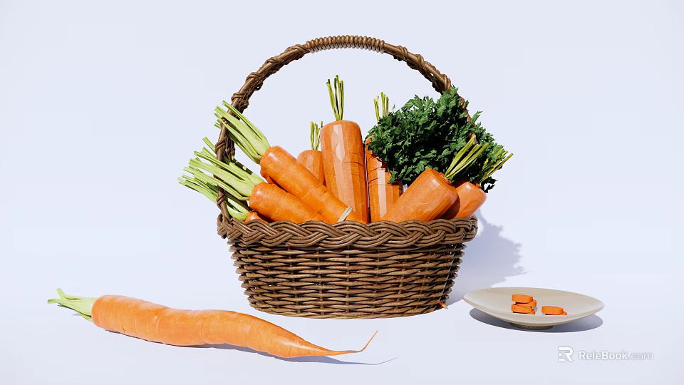 Fresh Carrots in Wicker Basket with Green Leaves Single Carrot Beside Small Plate and Slices 3d model 
